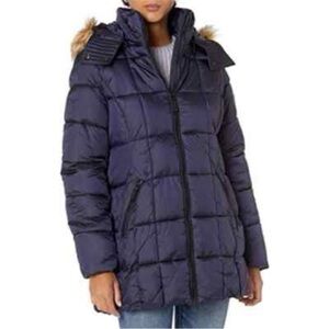 Marc New York Dark Blue Puffer Coat with Faux Fur Trim